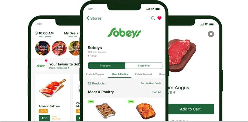 Sobeys mobile app screens showing deals and reduced food waste savings